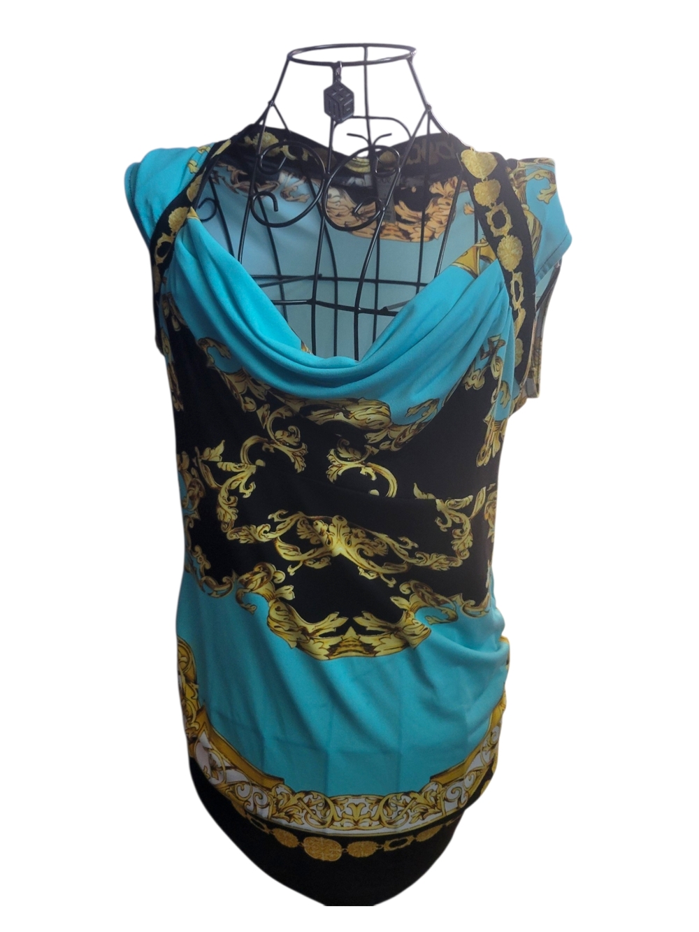 Turquoise and Black Drape Neck Print Tank Top
